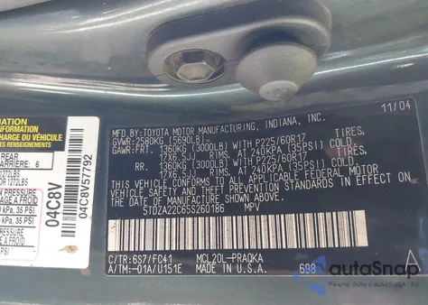 2005 Toyota Sienna Xle из США, поврежденный, VIN 5TDZA22C65S260186